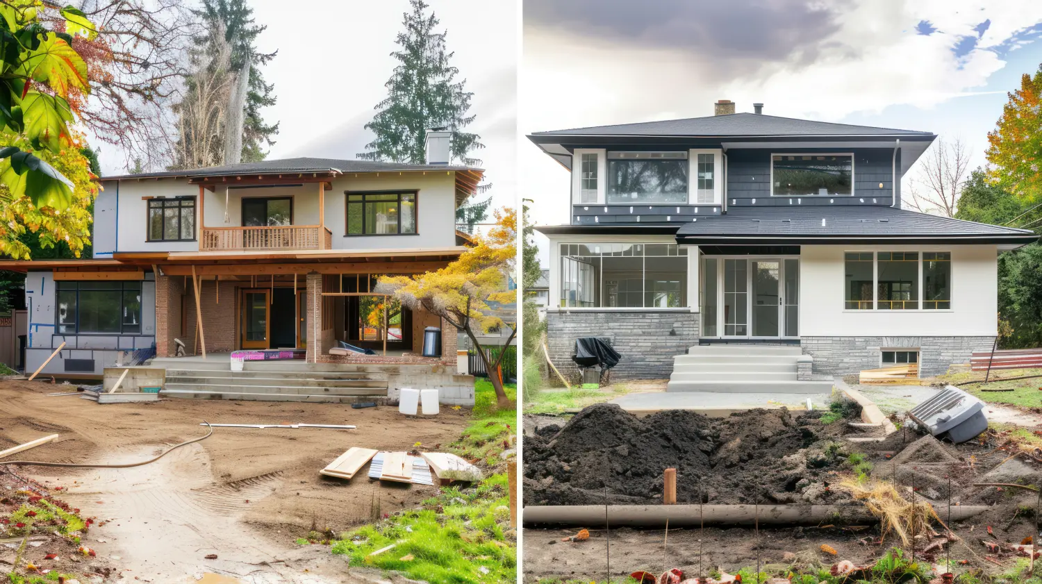 Eine Vorher-Nachher-Fotocollage eines Immobilienrenovierungsprojekts, die das Potenzial für eine Wertsteigerung durch Renovierung hervorhebt.